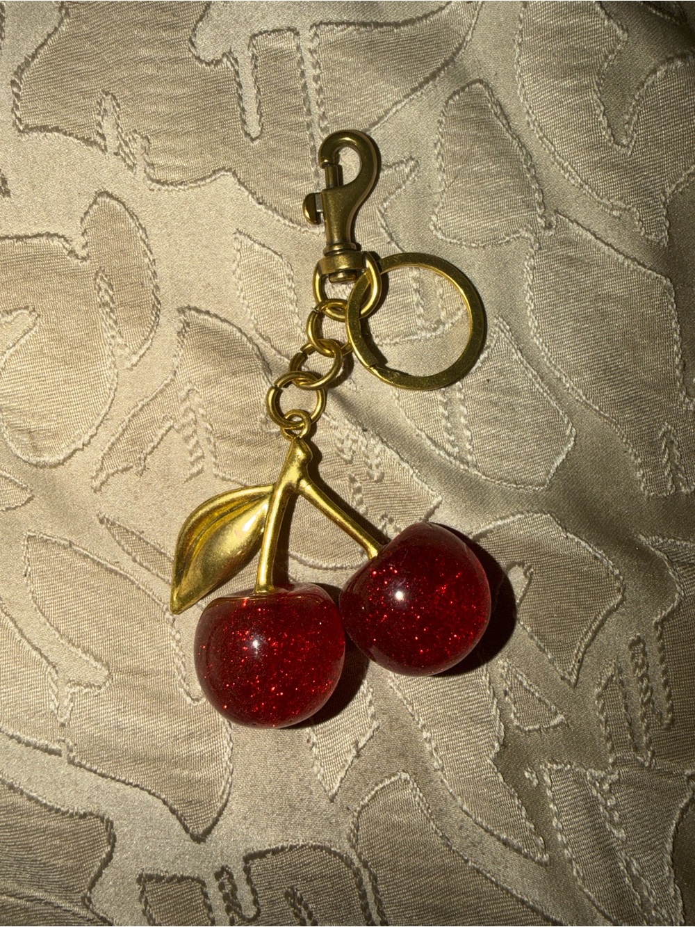 Gold Cherry Keychain with Red Glitter Cherries